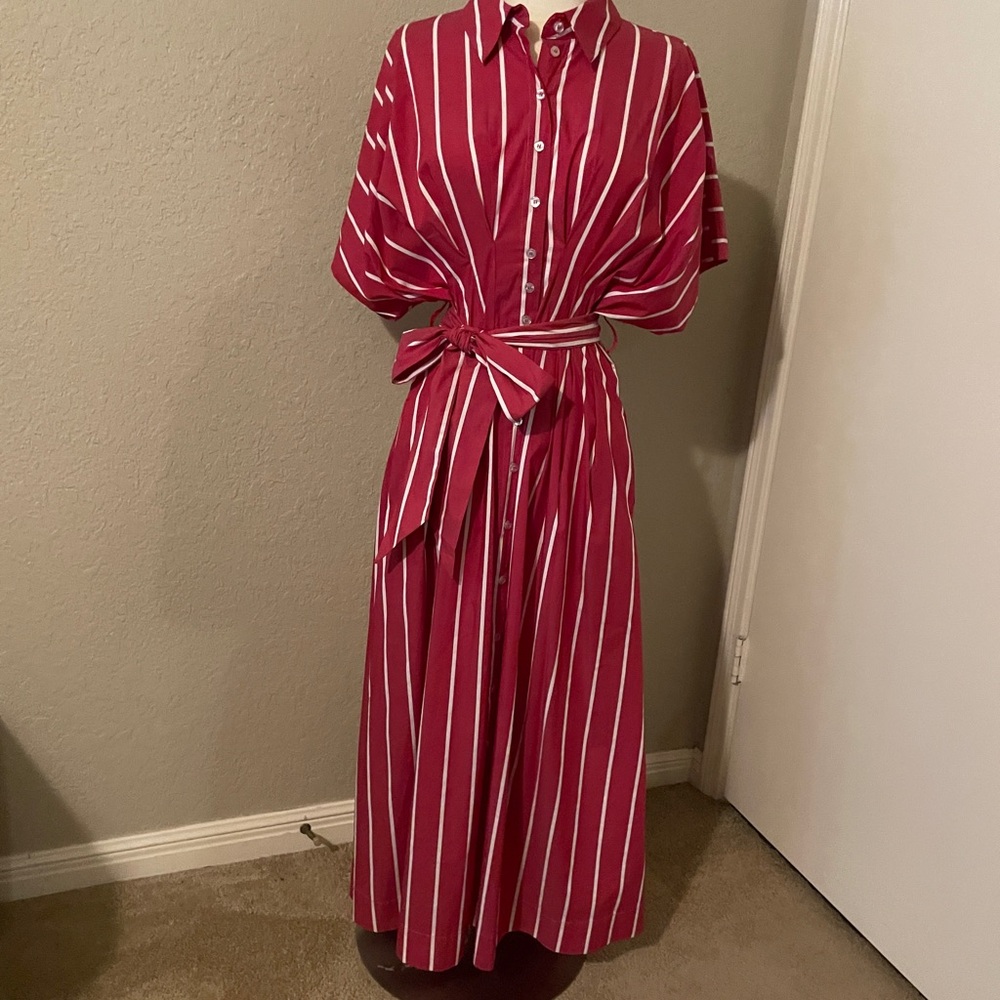 Red and White Tailored Button-down Maxi Dress with Dolman Sleeves